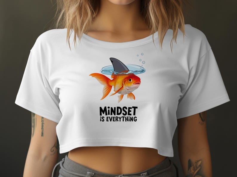 Women's White Crop Top, Mindset is Everything Goldfish Shark Graphic Tee, Casual Summer Fashion, Statement Shirt for Her
