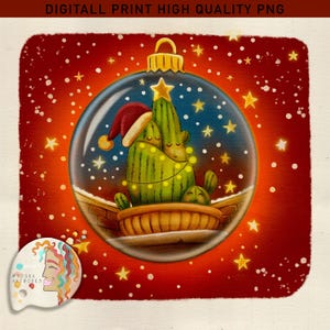 May include: A digital print of a Christmas bauble with a cactus family inside. The bauble has a gold top and a star on top of the cactus. The background is red with white dots and gold stars. The text "DIGITALL PRINT HIGH QUALITY PNG" is at the top.
