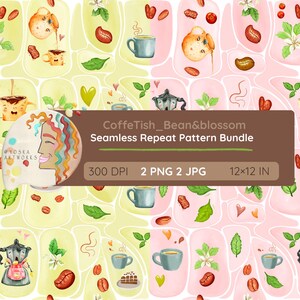 Puede incluir: Un paquete de patrones repetidos sin costuras con ilustraciones de café. El diseño incluye tazas de café, granos, flores y una cafetera, sobre un fondo de formas amarillas y rosas. El texto dice "CoffeTish_Bean&blossom" y "Seamless Repeat Pattern Bundle". La imagen mide 30,48 cm x 30,48 cm.