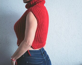 Crop knit vest - tweed merino vest - crop red sweater