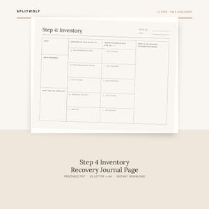 Op de afbeelding: Een afdrukbare hersteljournaalpagina getiteld Step 4: Inventory. Het document bevat een gestructureerd raster met kolommen voor Who, What Happened, What Are You Afraid Of, How Does My Fear Affect My, Manifestations Of Self en Delusion.
