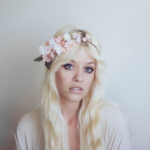 Romantic Flower Headpiece- Delicate Leather Crown Pastel Pink & White Floral Hair Accessory