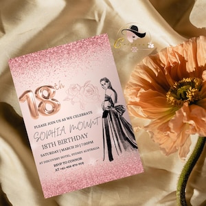 Chic Pink & Rose Gold 18th Birthday Invite for girl, Digital and Printable Eighteen Birthday Party Invite, Instant Download