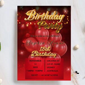Carte d'invitation 18e anniversaire pour fille - élégante invitation de fête d'anniversaire de 18 ans en or rouge, carte numérique imprimable pour elle, faire-part 18 ans