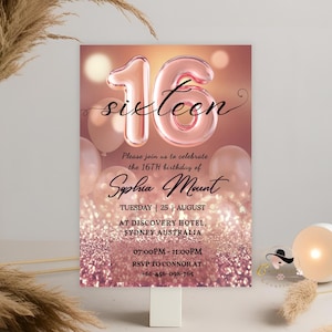 Invitation de 16e anniversaire en or rose, modèle d'invitation de fête d'anniversaire numérique Sweet 16 pour fille de seize ans, carte imprimable rose, inviter