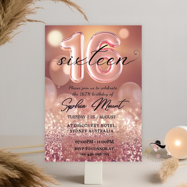 Rose gold 16th Birthday Invitation, Digital Sweet 16 birthday party invitation template for sixteen year old girl Pink Printable card Invite