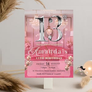 Digitale 13. Geburtstagseinladung Mädchen, rosa Roségold 13. Geburtstag Party Abendessen einladen, dreizehn Jahre alte druckbare Karte, bearbeitbare Vorlage