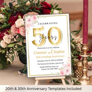 Couple de carte d'invitation d'or 50e anniversaire de mariage, invitation numérique florale de dîner d'anniversaire, modèle imprimable des 50 ans d'amour