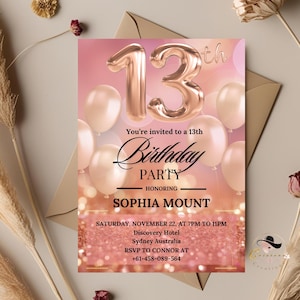 Rosegold 13. Geburtstagseinladungen für Teenager-Mädchen, Digitale 13. Geburtstagsparty-Einladung für dreizehnjährige Tochter, rosa druckbare Karte