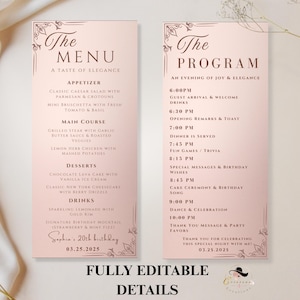 May include: A pink and rose gold printable menu and program for a 20th birthday party. The menu lists appetizers, main course, desserts, and drinks. The program lists the schedule of events for the evening, including guest arrival, dinner, games, special messages, cake ceremony, dancing, and a thank you message. The text includes the date "03.25.2025" and the phrase "Sophia's 20th birthday".