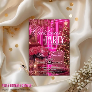 Digital Christmas Party Invitation Pink Gold Christmas Dinner Invite Elegant Festive Winter Holiday Invite, 2025 Merry Friendsmas Template.  Perfect for a elegant Christmas party invite, festive holiday brunch, work holiday celebration, family Christmas gathering, or any merry seasonal event. Editable in Canva with instant download, designed for personalization to match your special occasion. This is a digital and printable invitation, making it easy to share online or print at home.