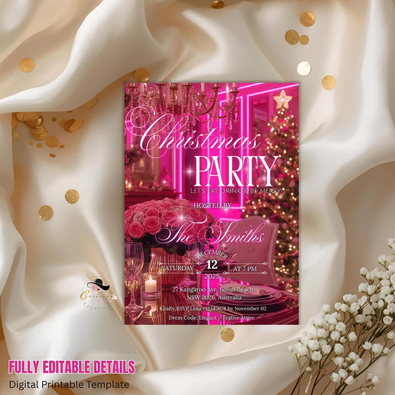 Digital Christmas Party Invitation Pink Gold Christmas Dinner Invite Elegant Festive Winter Holiday Invite, 2025 Merry Friendsmas Template.  Perfect for a elegant Christmas party invite, festive holiday brunch, work holiday celebration, family Christmas gathering, or any merry seasonal event. Editable in Canva with instant download, designed for personalization to match your special occasion. This is a digital and printable invitation, making it easy to share online or print at home.