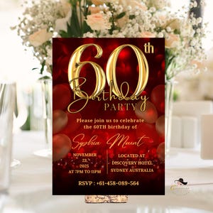 60th Birthday Invitation Digital Template, Editable Elegant Red Gold Printable Party Invites for Women, Sixty Birthday Card for 60 Year Old
