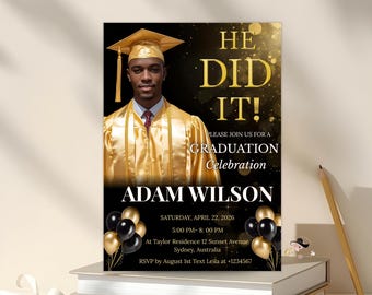 Boy Graduation Invitation with Photo, He Did It Invite, Class of 2026 Grad Party Invite for Him, High School College Canva Digital Template