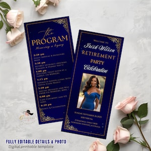 May include: Navy blue and gold retirement party program and invitation. The program includes the schedule of events, and the invitation features a photo of the retiree. The text reads "Welcome to Trish Wilson Retirement Party Celebration."