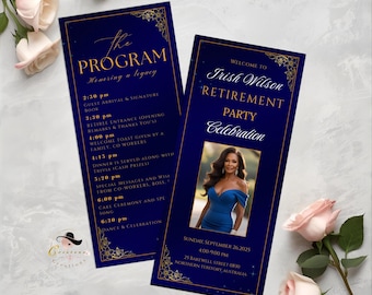Blue Gold Retirement Party Program Template, Photo, Printable (Digital Download)