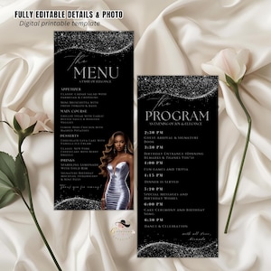 Puede incluir: Plantilla imprimible digital en negro y plata para menú y programa. El menú enumera aperitivos, platos principales, postres y bebidas. El programa incluye el horario del evento. El texto dice "FULLY EDITABLE DETAILS & PHOTO" y "Digital printable template."