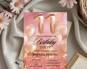 Digital 11th Birthday Invitation girl, Rose Gold 11th Birthday Dinner Party Invite, Pink Glitter Printable Card for Eleven year old daughter