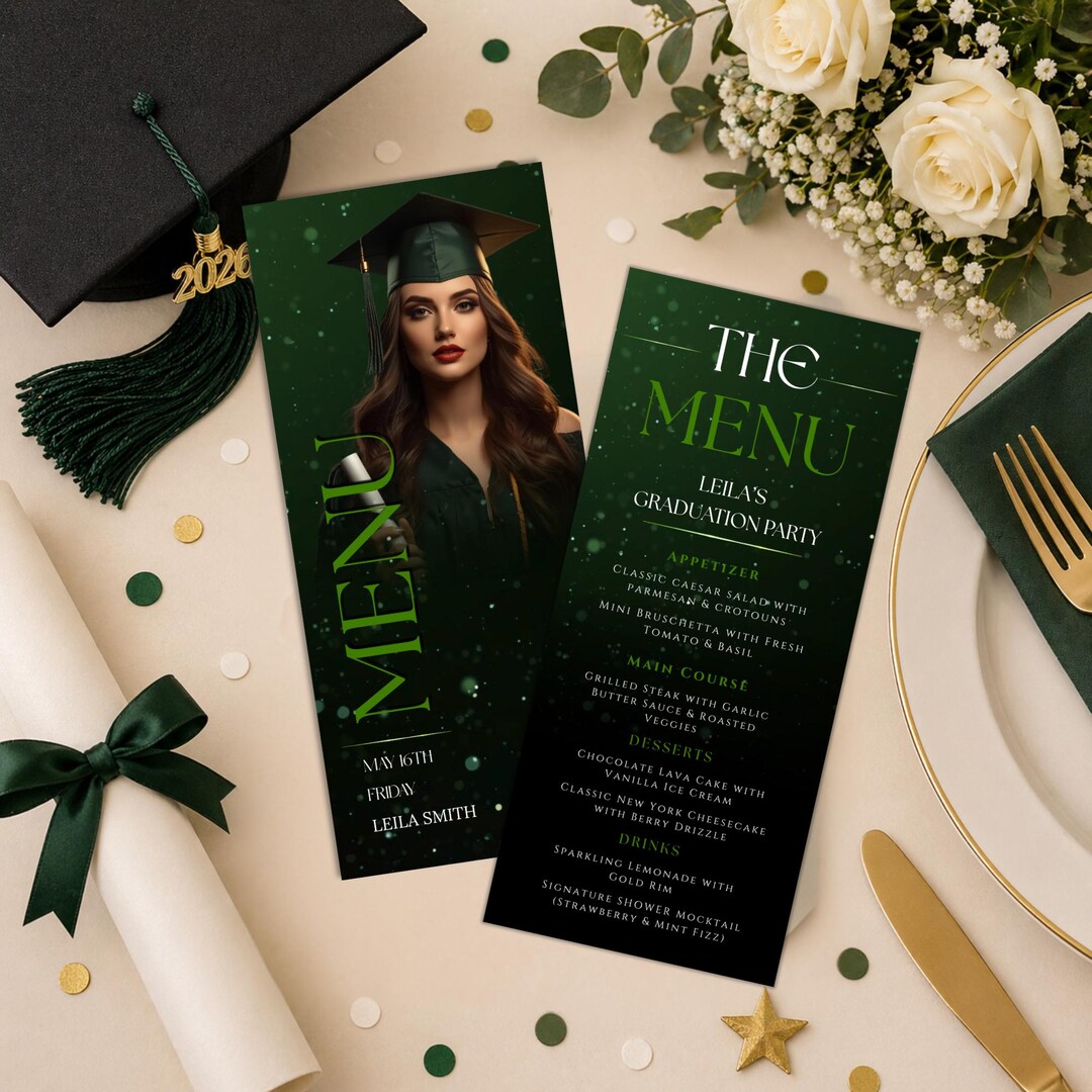 Green Graduation Menu Template With Photo, Grad Dinner or Brunch Menu ...
