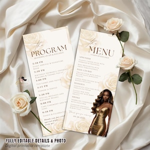 May include: Elegant event program and menu template with a floral design. The program lists the evening's schedule, while the menu features appetizers, main courses, desserts, and drinks. A woman in a gold dress is featured on the menu. The text says "Fully Editable Details & Photo".