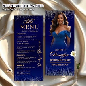 May include: Digital printable template for a retirement party. The design features a navy blue background with gold accents. The menu includes appetizers, main courses, desserts, and drinks. The invitation welcomes guests to Donalyn's retirement party on November 21, 2025.