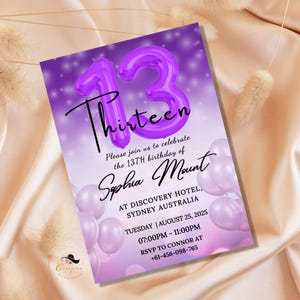 Carte de fête d'invitation fille 13e anniversaire, invitation numérique imprimable, treize anniversaire, thème lilas violet, officiellement fille adolescente invite