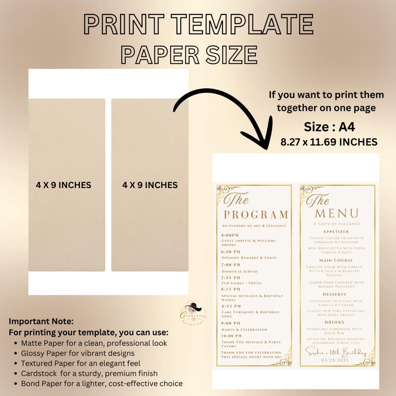 This listing photo shows the information you need when printing the menu and program templates on one page, including the size and type of paper you can use.