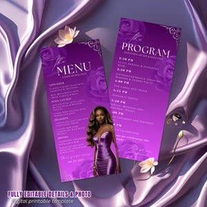 May include: Purple event menu and program template with floral accents. The menu lists appetizers, main courses, desserts, and drinks. The program outlines the evening's schedule, including guest arrival, dinner, and birthday wishes. A digital printable template.