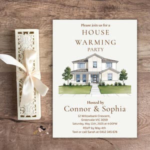 Bewerkbare uitnodiging housewarmingfeest, digitale nieuwe opendeurdaguitnodiging, homewarmingkaarten, afdrukbare thee housewarmingbrunchsjabloon