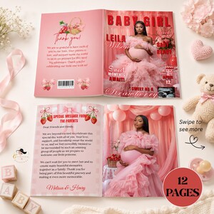 May include: A pink baby shower invitation book with the text "BABY GIRL" and "Sweet Moments Await!". The book features a photo of a pregnant woman in a pink dress. The book has 12 pages and includes a special message from the parents.