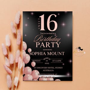 Digital Sweet 16 Geburtstag einladen, Teen Mädchen Schwarz und Pink Sixteen Geburtstagsfeier Karte Einladung, bearbeitbare 16th Vorlage, Sofort Download