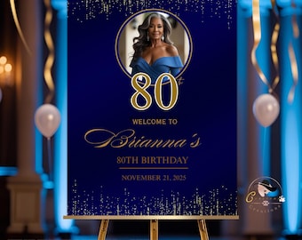 May include: A navy blue 80th birthday welcome sign with gold text and accents. The sign features a photo of a woman, the name "Brianna", and the date November 21, 2025. The sign is on a gold easel.