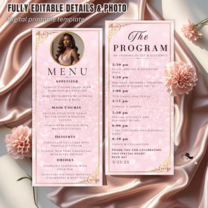 May include: A digital printable template with a pink and gold design. The menu includes appetizers, main courses, desserts, and drinks. The program lists the event's schedule, including guest arrival, dinner, and cake ceremony.