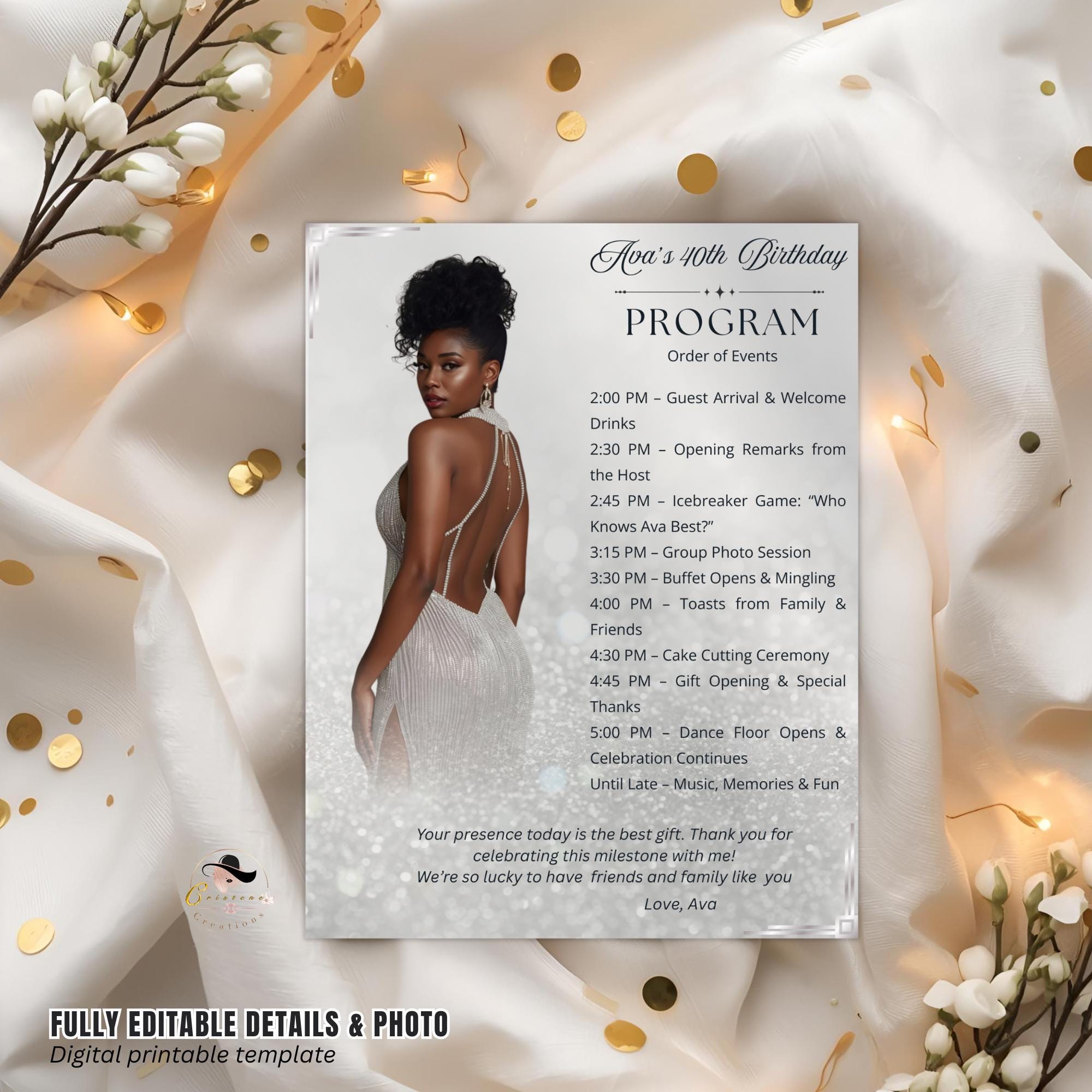 White Silver Birthday Program Card Template, Woman Retirement Party ...