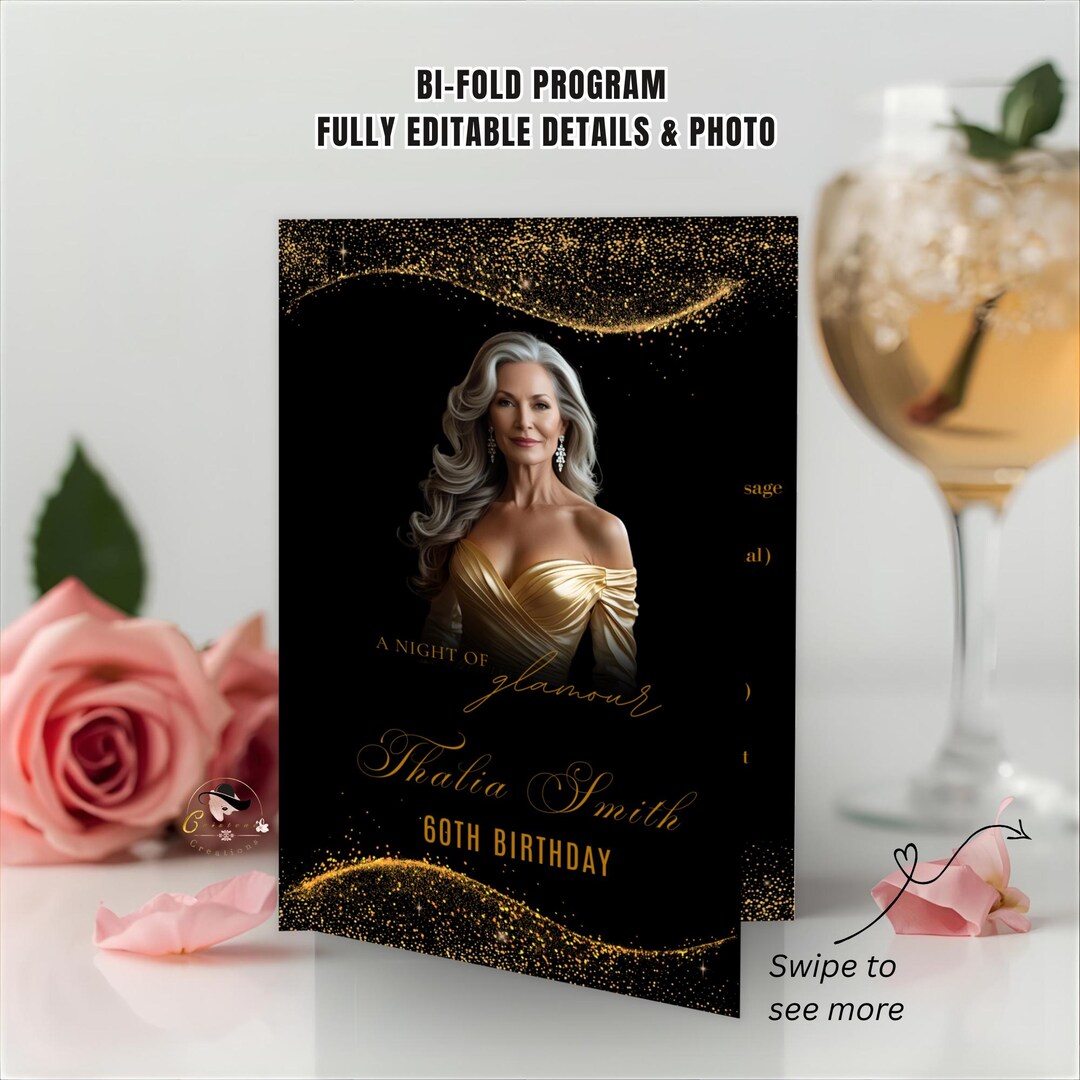 Editable Program Template Black Gold Bifold Birthday Program Card With ...