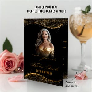 May include: A black bi-fold program with gold text and accents, featuring a woman in a gold dress. The text reads "A Night of Glamour" and "Thalia Smith 60th Birthday". The program is fully editable.