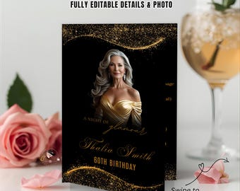 Pode incluir: Um programa bi-fold preto com texto e detalhes dourados, apresentando uma mulher em um vestido dourado. O texto diz "A Night of Glamour" e "Thalia Smith 60th Birthday". Totalmente editável.