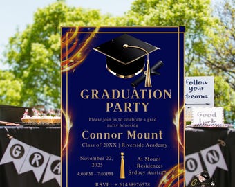 Boy Graduation Announcement Invitation, Class of 2026 Grad Party Invite for Him, High School College Blue Canva Digital Printable Template