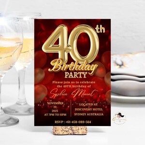Convite de cartão de aniversário de 40 anos para mulher, vermelho dourado digital, Olá, quarenta e fabuloso, convite para festa para impressão, modelos femininos de 40 anos
