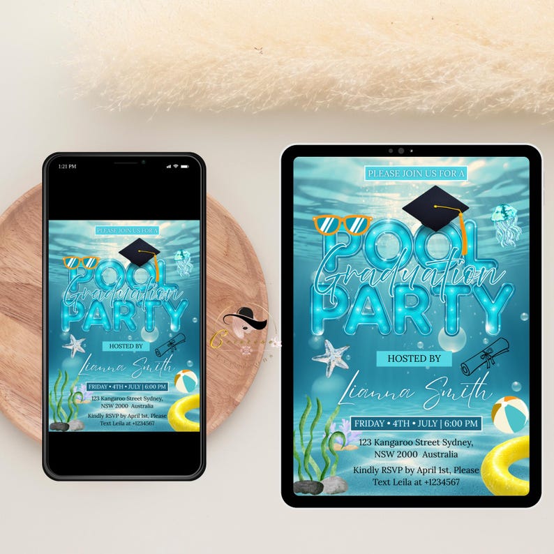 Graduation Pool Party Invitation, Senior High School College Grad ...