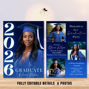 Digital Graduation Announcement Invitation Navy Blue 2026 Senior Graduate Party with photo invite, Editable College Graduation Day Template