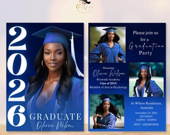 Digital Graduation Announcement Invitation Navy Blue 2026 Senior Graduate Party with photo invite, Editable College Graduation Day Template