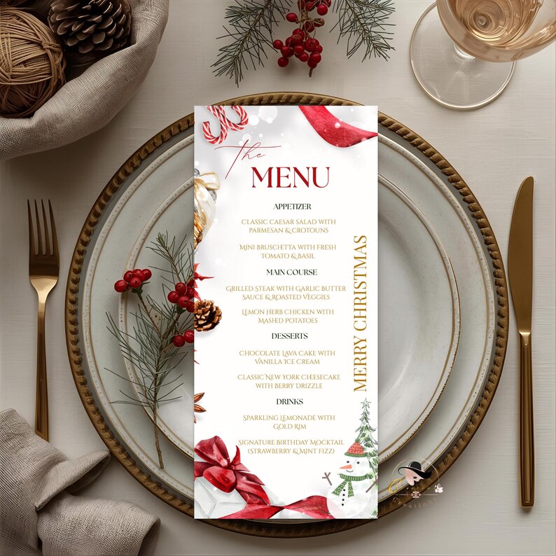 Editable Christmas Dinner Menu Template Holiday Xmas Party Menu Card ...