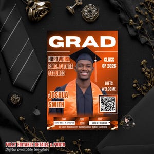 May include: A graduation announcement in orange and white, featuring a graduate in cap and gown. The design includes the words "GRAD", "Class of 2026", and the name "Joshua Smith". Includes event details.