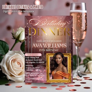 Digital Birthday Dinner Invitation Rose Gold Pink Glam Dinner party invite Woman Luxury Birthday card Printable with photo Editable Template