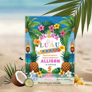 Invitation d'anniversaire Aloha Luau, fille hawaïenne tropicale pour enfants, fête d'anniversaire pour enfants, plage Summer Splash, piscine, carte numérique imprimable