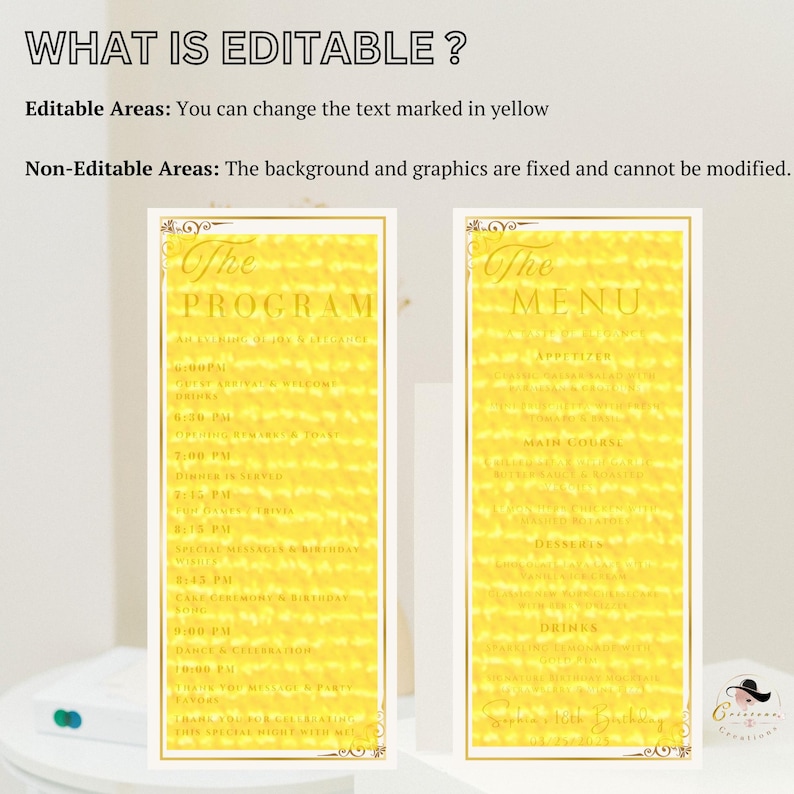 This listing photo highlights what is editable and what is not. Please refer to the instructions in the image for details.