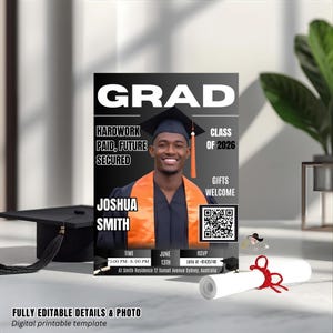 Black Silver Graduation Announcement, Photo Magazine Cover (Digital Template)