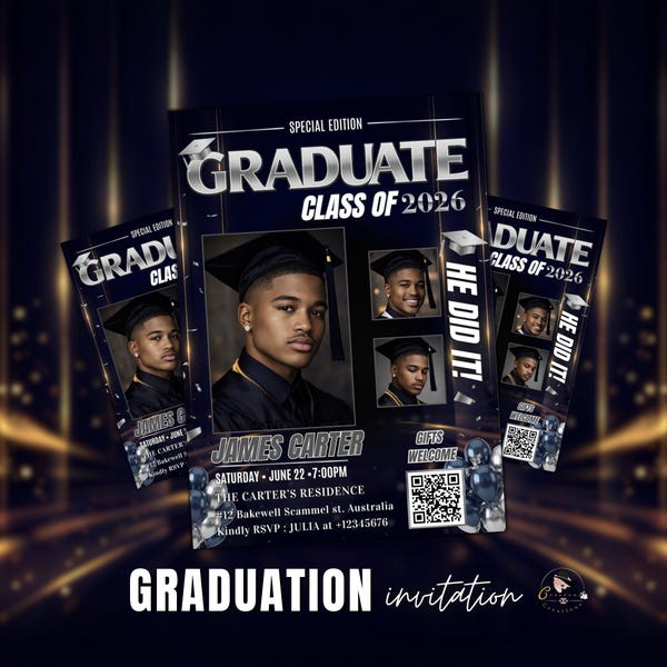 Boy Graduation Invitation, Senior Grad Party with photos invite, Male College High school Graduates Announcement, Blue Silver Flyer Template