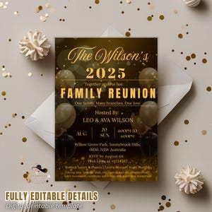 Editable Family Reunion invitation Black gold Family get together party Family gathering invite Family BBQ cookout flyer Printable template